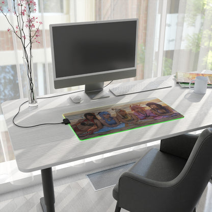 Genshin Impact Girls Desk Mat – LED RGB Pad, Waifu Anime Girl Setup on white desk with monitor and green LED glow