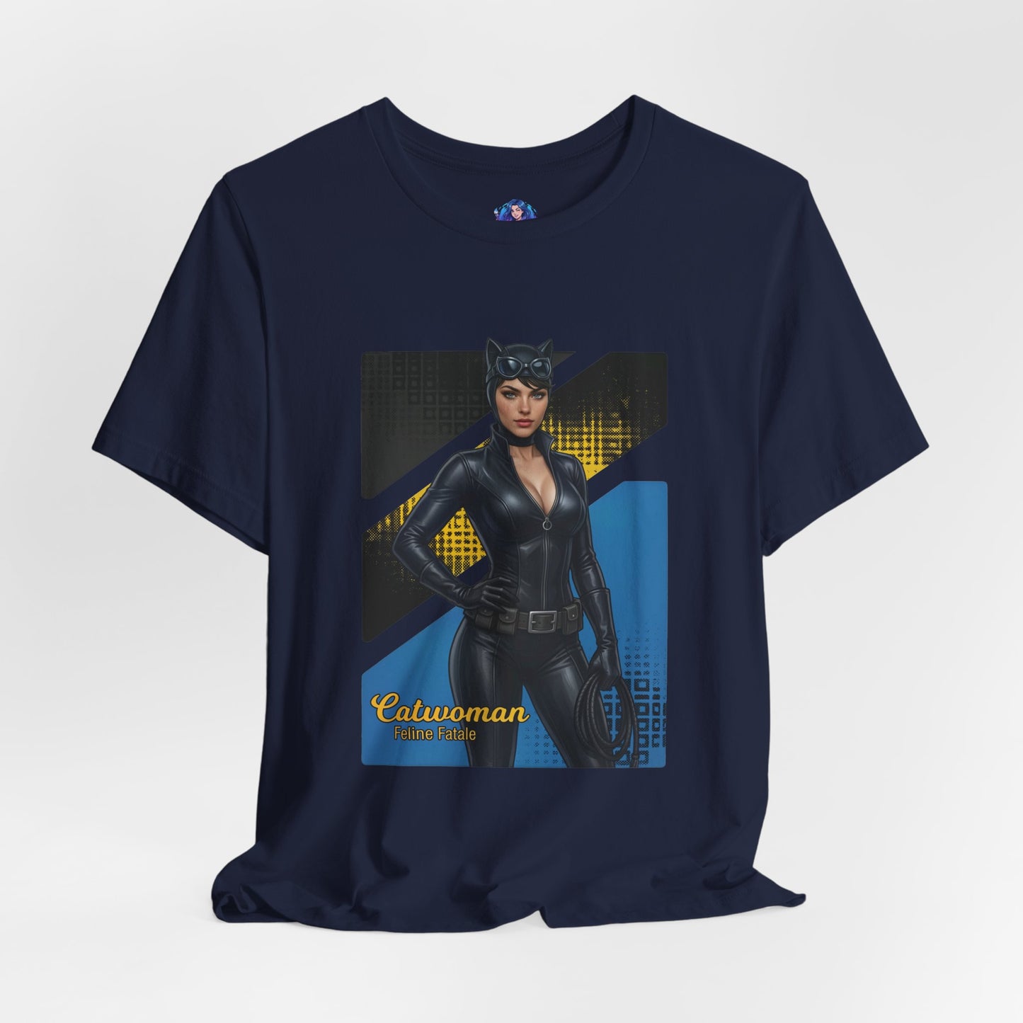 Catwoman T-Shirt | DC Comics Anime Tee for Gamers & Comic Fans navy tee with anime-style Catwoman illustration on Bella Canvas 3001