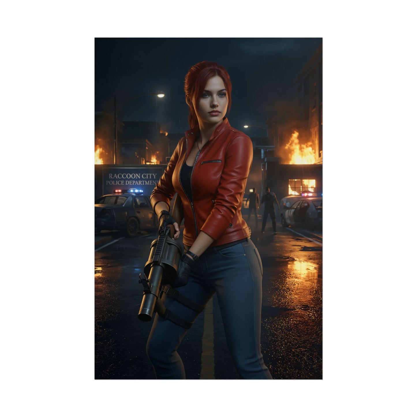 Claire Redfield Poster – Iconic Survival Heroine Wall Art for Gamer Decor, red-haired heroine holding shotgun in burning Raccoon City street