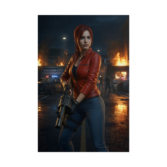 Claire Redfield Poster – Iconic Survival Heroine Wall Art for Gamer Decor, red-haired heroine holding shotgun in burning Raccoon City street