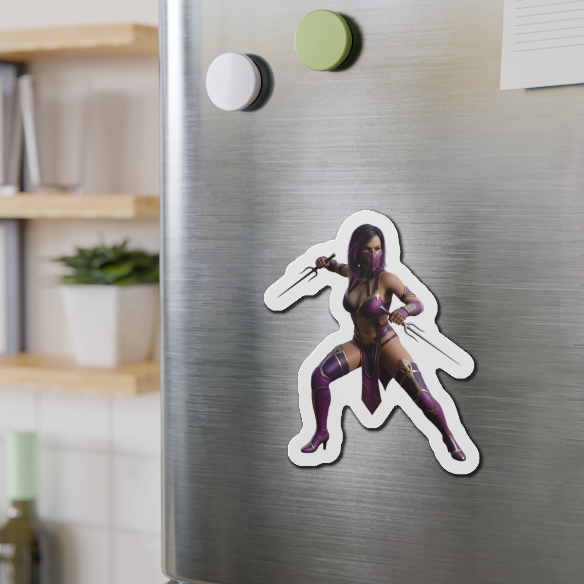 Mileena Magnet – Mortal Kombat Villain Fridge Magnet, Anime Style Decor die-cut vinyl fridge magnet showing Mileena in anime-style fighting pose