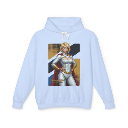 Power Girl Hoodie | DC Comics Hoodie | Anime Superheroine Pullover - light blue hoodie with bold anime Power Girl illustration