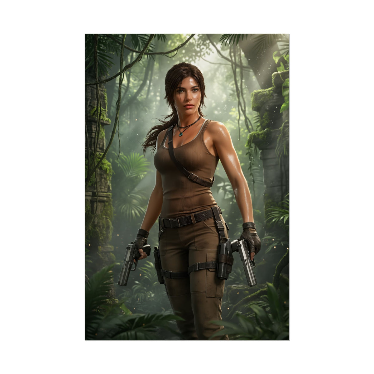 Lara Croft Poster  Iconic Adventure Heroine Wall Art for Gamer Decor showing Lara Croft in jungle with dual pistols, vivid ultra-high resolution print
