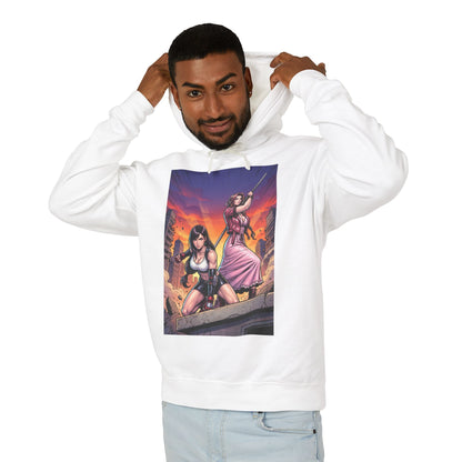 Tifa & Aerith Hoodie | Final Fantasy Heroine Hoodie | Legendary Duo Pullover - white unisex hoodie with bold Tifa and Aerith artwork on model