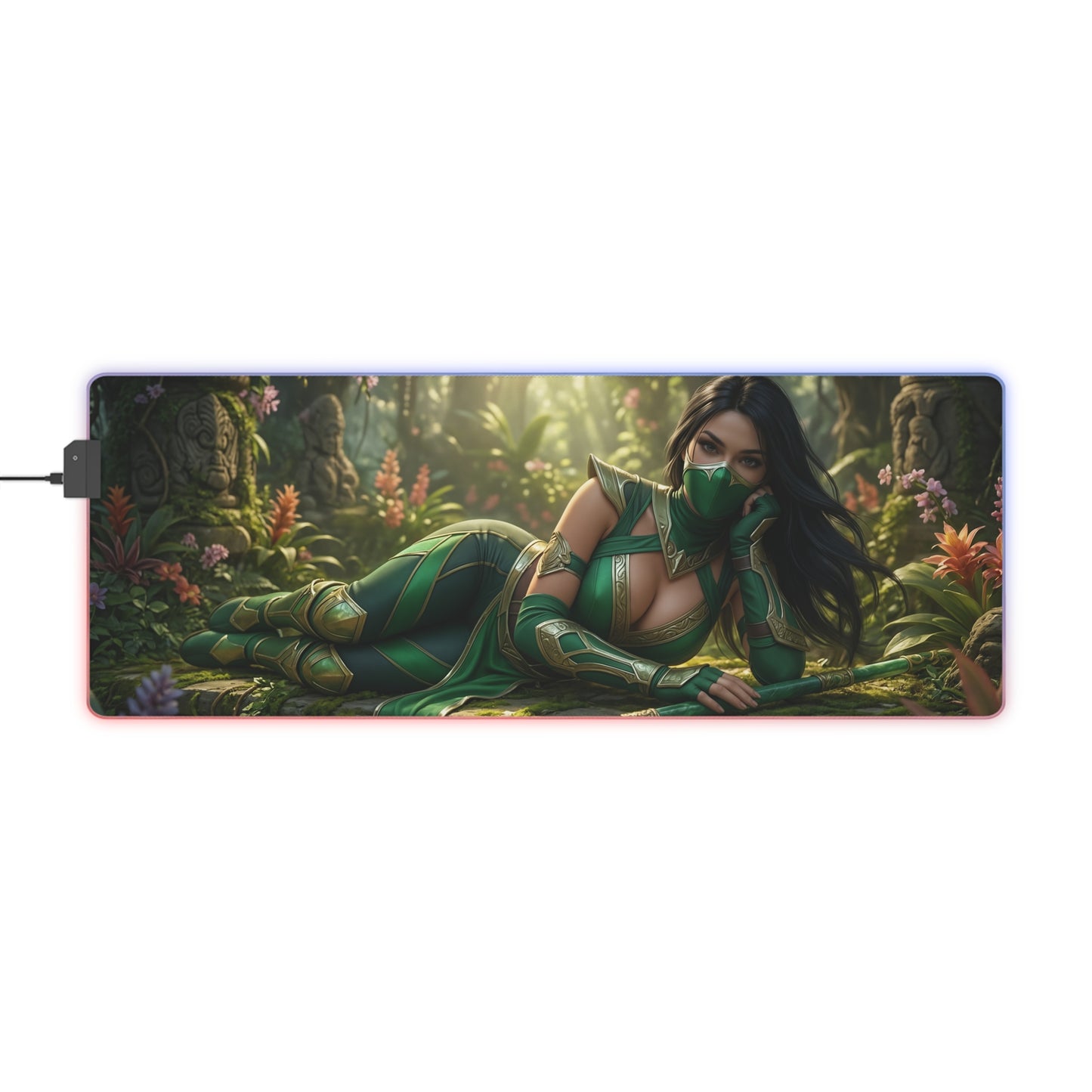 Jade Desk Mat – LED RGB Pad, Waifu Fighter Anime Girl Setup featuring reclining green-clad assassin with smooth precision-cloth surface and RGB glow