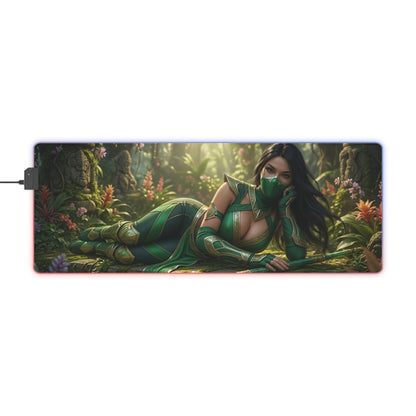 Jade Desk Mat – LED RGB Pad, Waifu Fighter Anime Girl Setup featuring reclining green-clad assassin with smooth precision-cloth surface and RGB glow