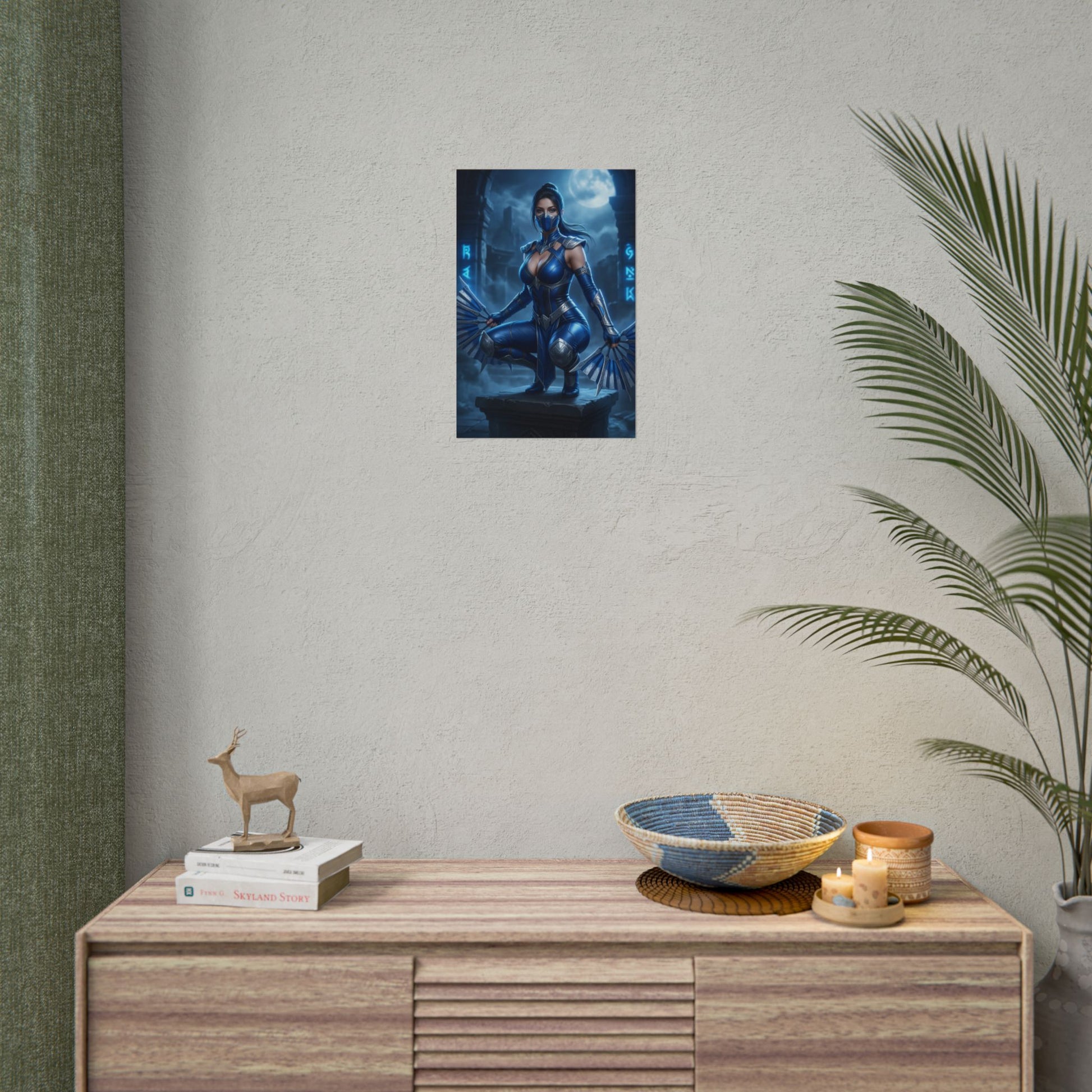 Kitana Mortal Kombat Poster – Iconic Fighting Game Heroine Wall Art displayed in modern room above console, vivid blue tones, high-resolution print
