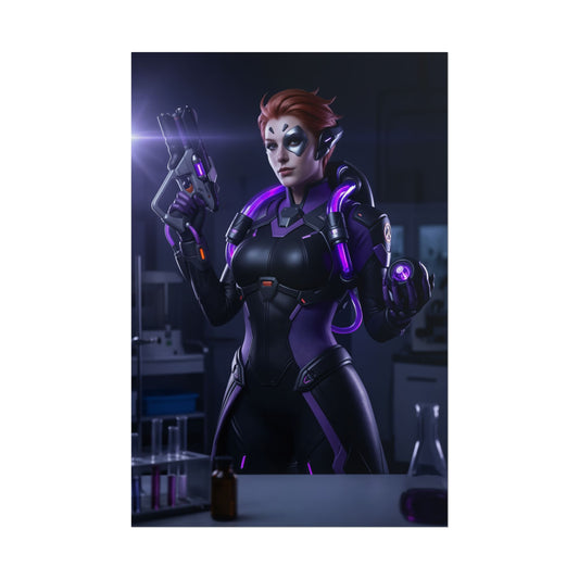 Moira Poster, Overwatch Art Print – Iconic Scientist Heroine Wall Art featuring Moira in dark sci-fi lab with glowing purple tech and experimental weaponry
