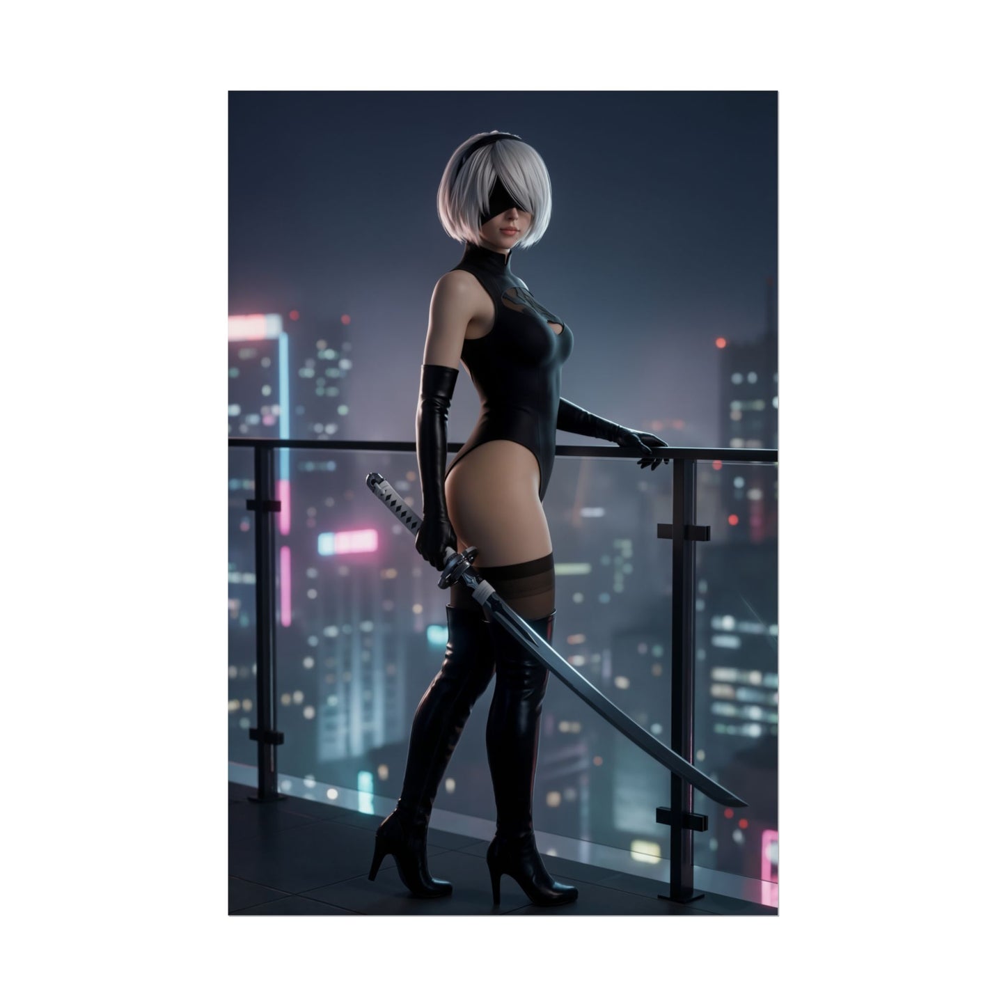 2B Poster, NieR Automata Art Print – Action RPG Heroine Wall Decor featuring stoic 2B with sword on city balcony at night