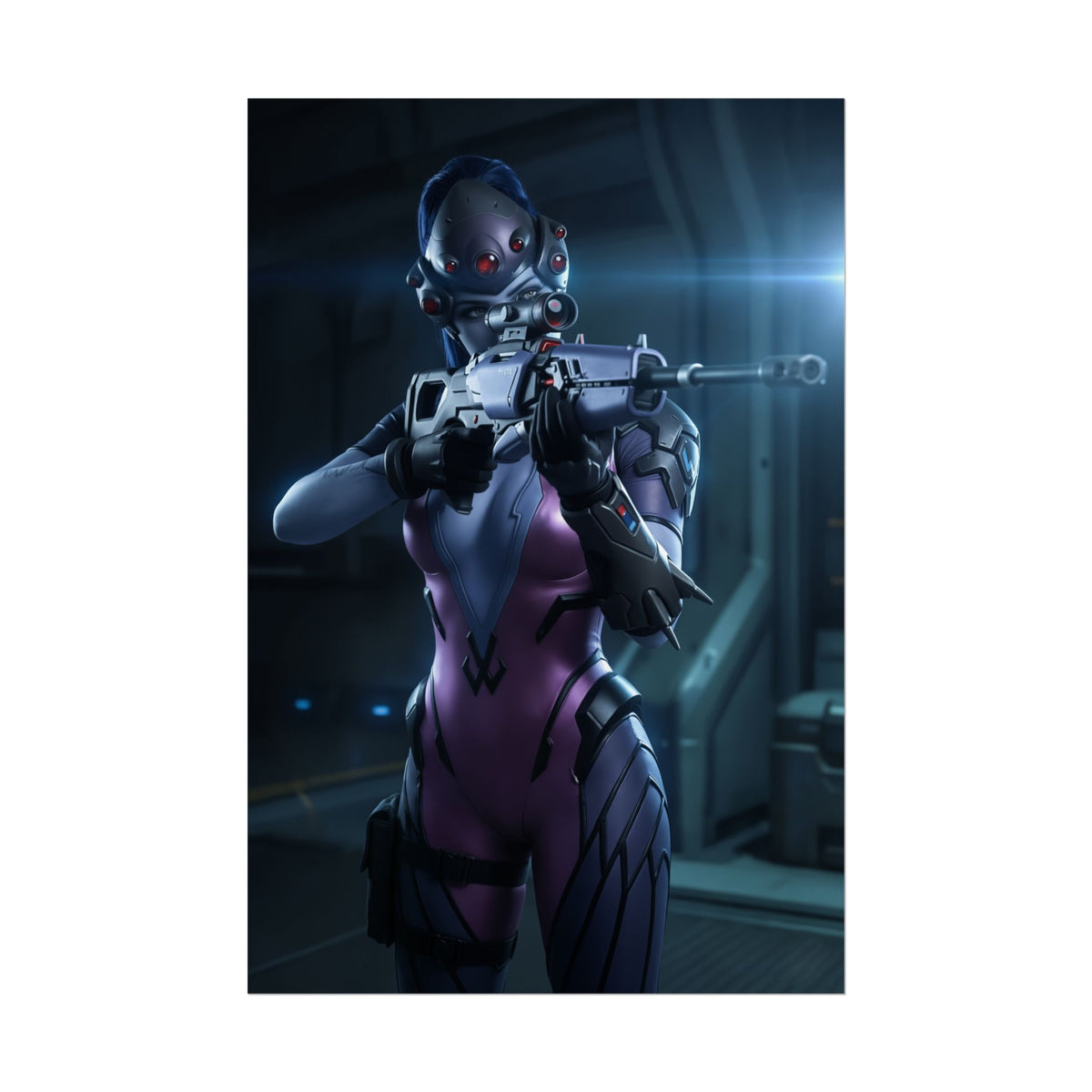 Widowmaker Poster, Overwatch Art Print  Iconic Sniper Heroine Wall Art featuring Widowmaker aiming rifle in dark futuristic gaming room
