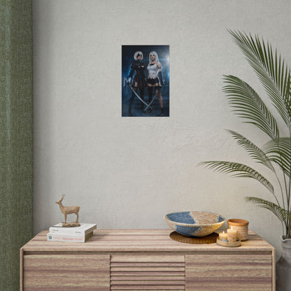 A2 and 2B Poster, NieR Automata Art Print – Iconic Android Duo Wall Art showing two androids mounted above a modern console