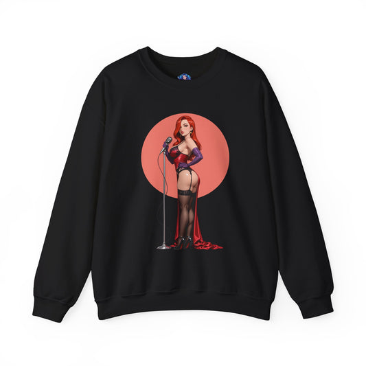 Jessica Rabbit Sweatshirt, Toon Icon Crewneck, Retro Fandom Apparel for Collectors — black crewneck with glamorous red‑haired Jessica illustration in vintage microphone pose