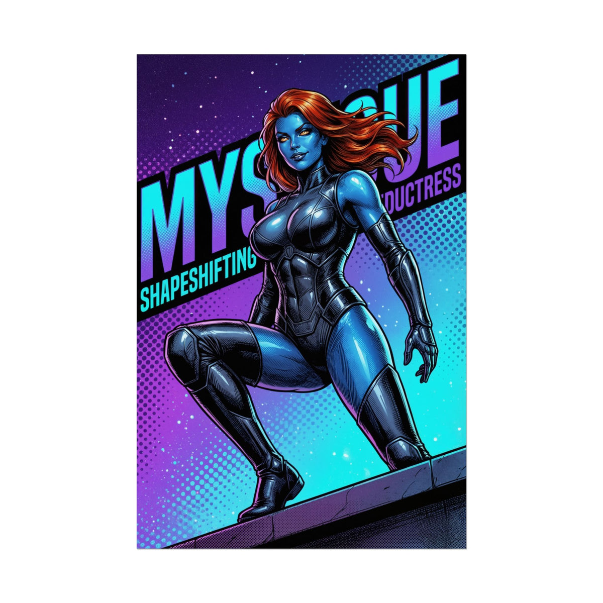 Mystique Poster / Mystique Wall Art / Mystique Art Print / Marvel Poster featuring blue-skinned Mystique in a confident, seductive pose on rooftop