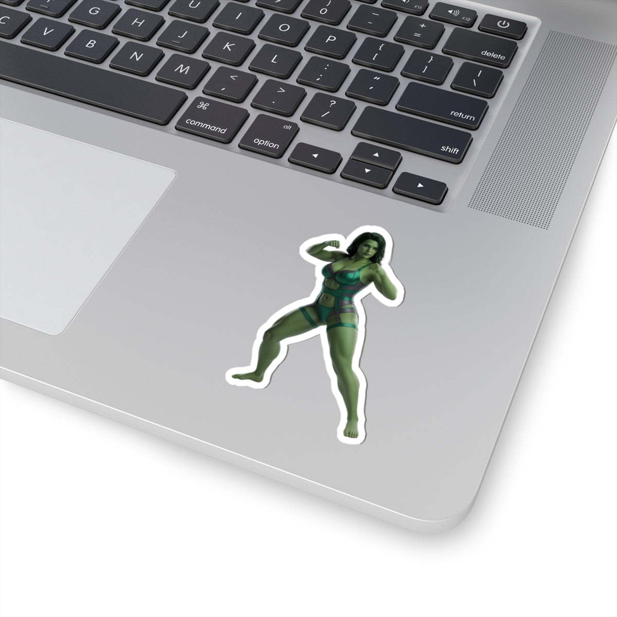 She-Hulk Sticker – Comic Heroine Vinyl Sticker for Laptops & Indoor Decor on laptop showing glossy, durable vinyl, vibrant colors and bubble-free application