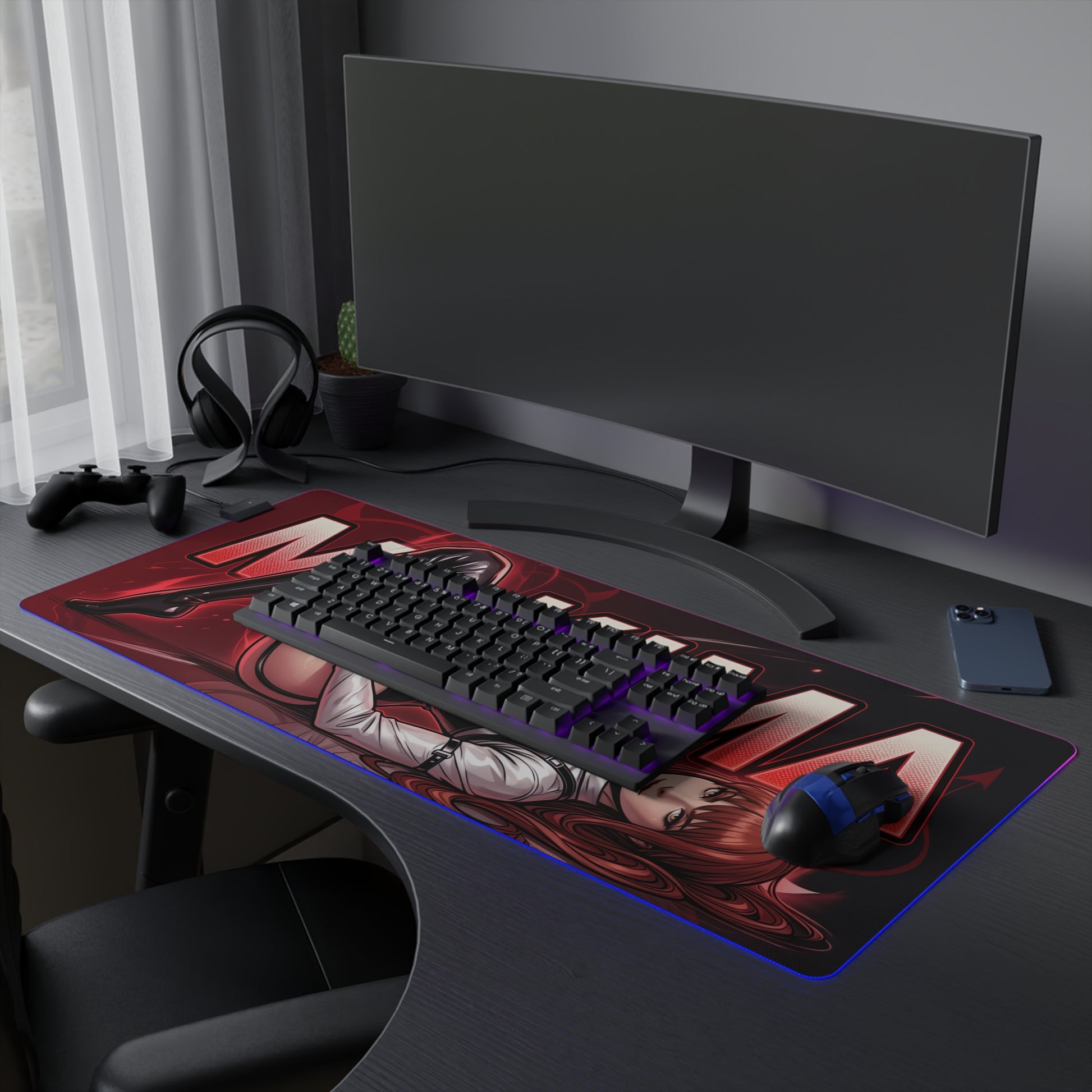 Makima RGB Desk Mat, Chainsaw Man Gaming Mouse Pad, LED Desk Mat for Anime Setup on gaming desk with red Makima artwork and RGB lighting