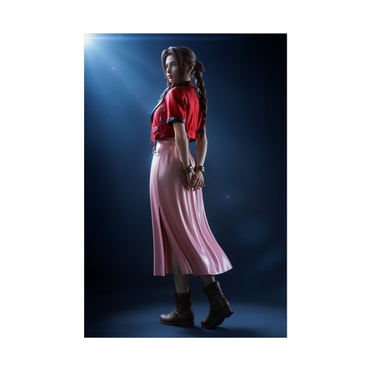 Aerith Final Fantasy Poster  Iconic RPG Heroine Wall Art for Gamer Decor, high-res portrait of Aerith in pink dress and red jacket