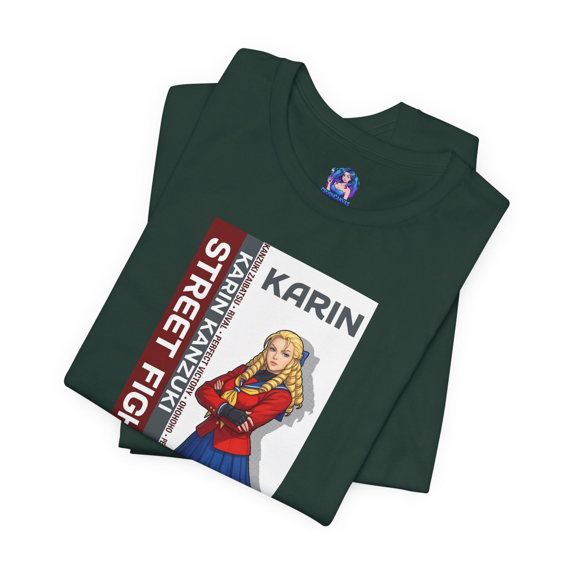 Karin Kanzuki T-Shirt | Street Fighter Anime Tee for Gamers & Fighting Game Fans - folded green Bella Canvas tee showing Karin illustration