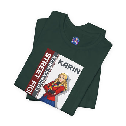 Karin Kanzuki T-Shirt | Street Fighter Anime Tee for Gamers & Fighting Game Fans - folded green Bella Canvas tee showing Karin illustration