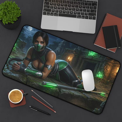 Jade Gaming Mouse Pad, Mortal Kombat Desk Mat, Edenian Warrior Gaming Setup featuring high-def Jade artwork on a large premium gaming desk mat