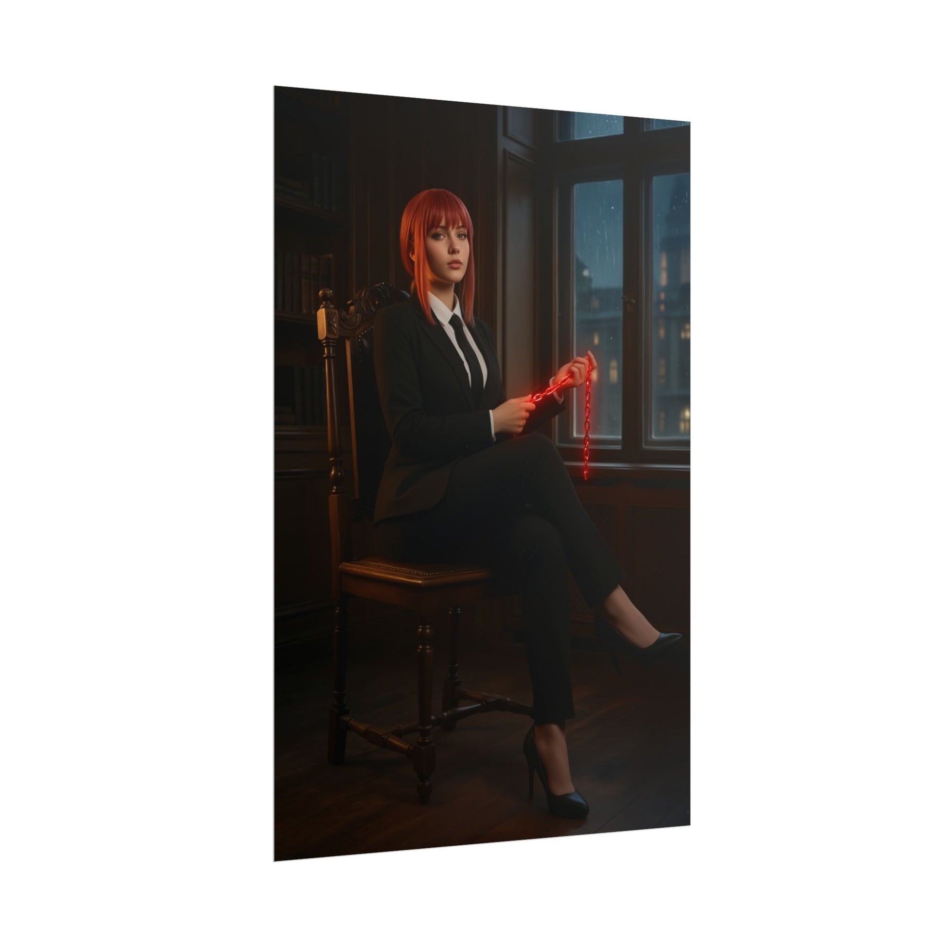 Makima Poster, Chainsaw Man Print, Iconic Anime Character Art - Makima seated in suit holding glowing red chain in moody room
