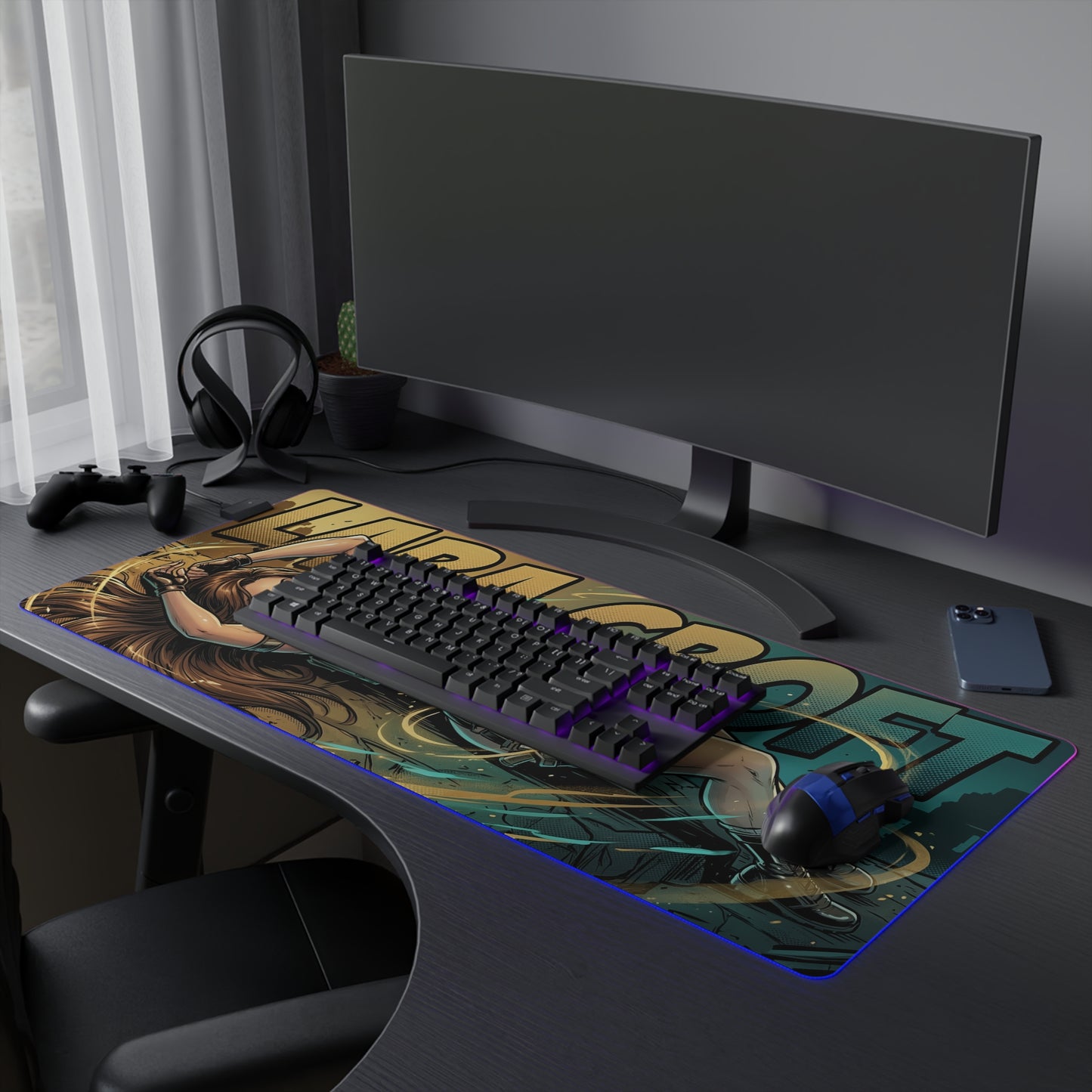 Lara Croft RGB Desk Mat, Adventure Game Gaming Mouse Pad, LED Desk Mat for Gamer Setup showcasing illustrated explorer artwork, RGB edge lighting, smooth tracking surface