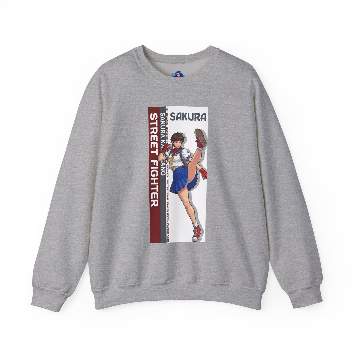 Sakura Sweatshirt, Street Fighter Crewneck, Classic Fighting Game Apparel for Fans – gray crewneck with Sakura character kick graphic