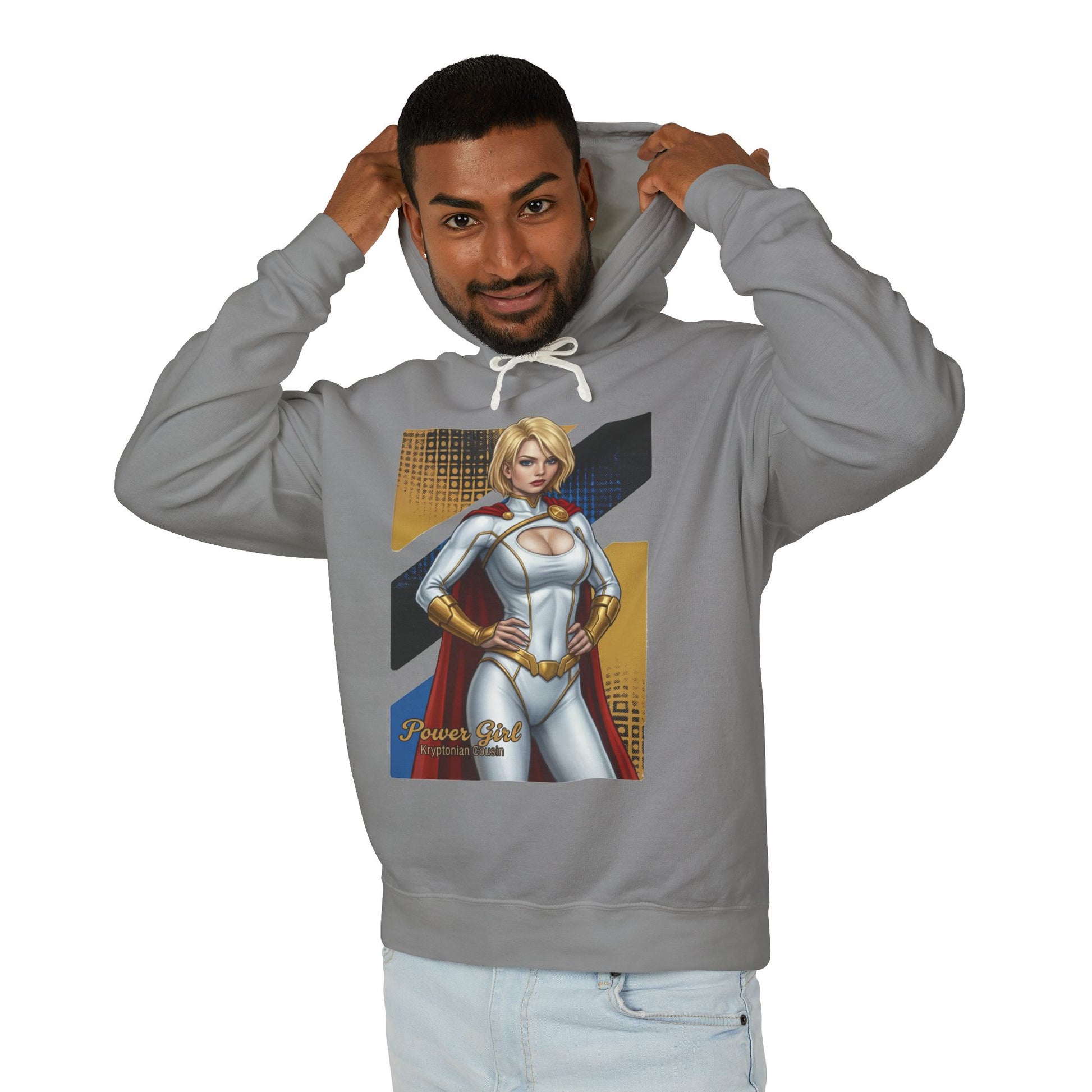 Power Girl Hoodie | DC Comics Hoodie | Anime Superheroine Pullover model wearing gray pullover with anime Power Girl graphic