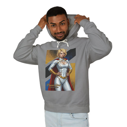 Power Girl Hoodie | DC Comics Hoodie | Anime Superheroine Pullover model wearing gray pullover with anime Power Girl graphic