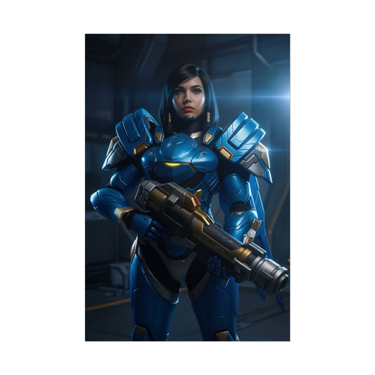 Pharah Poster, Overwatch Art Print – Iconic Rocket Soldier Heroine - blue armored Pharah holding rocket launcher gaming wall art