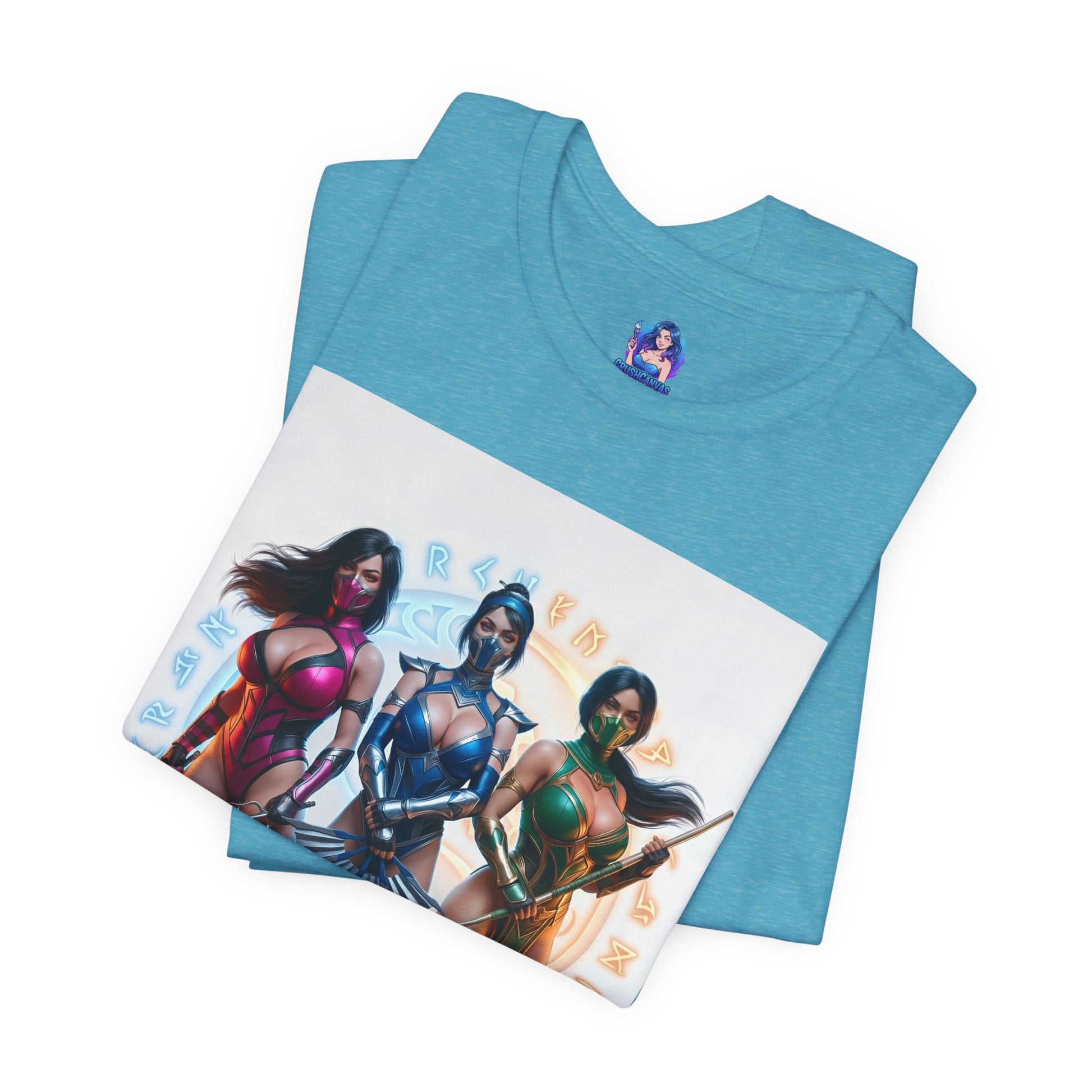 Kitana Jade and Mileena T-Shirt | Mortal Kombat Anime Tee for Gamers & Fans folded blue tee with anime-style trio print of Kitana, Jade, Mileena