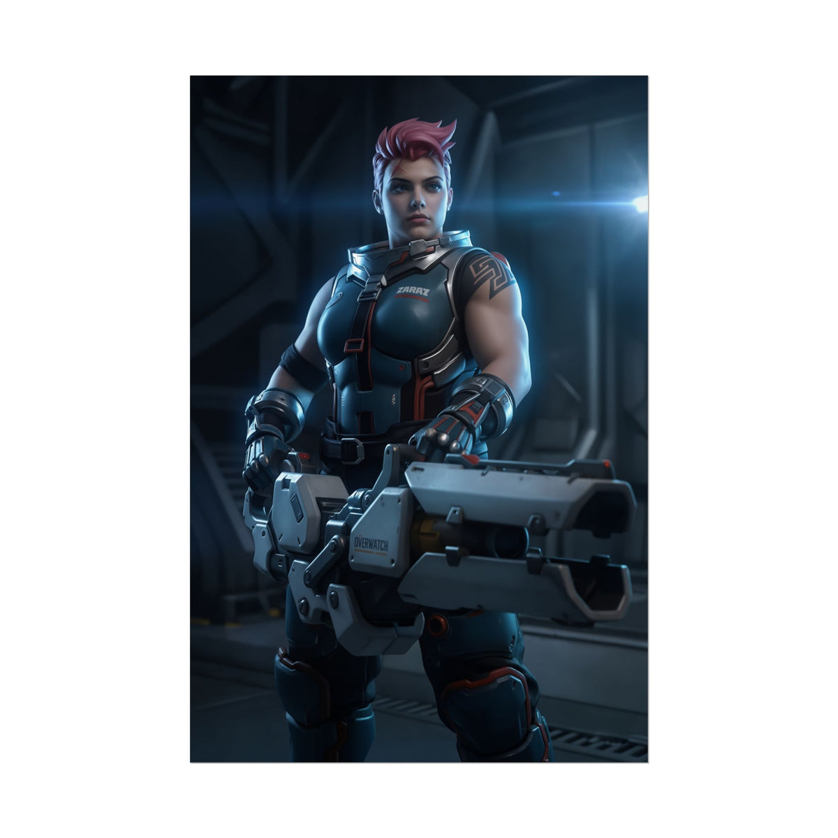 Zarya Poster, Overwatch Art Print  Iconic Tank Heroine Wall Art featuring armored Zarya with particle cannon in dramatic esports room lighting