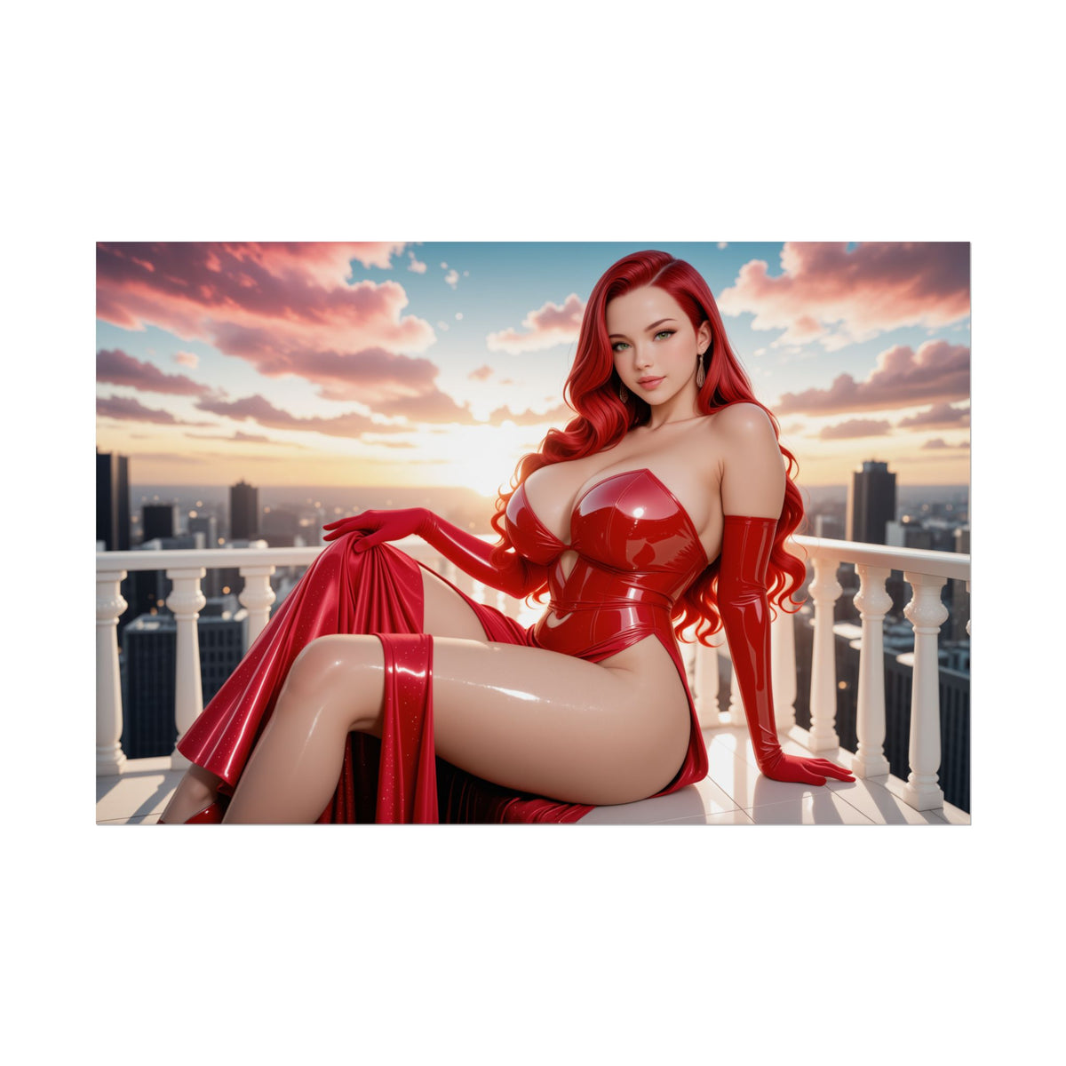Jessica Rabbit Print | Fantasy Wall Poster for Glamorous Waifu Room Vibe - sultry red-haired character in glossy red gown on balcony at sunset