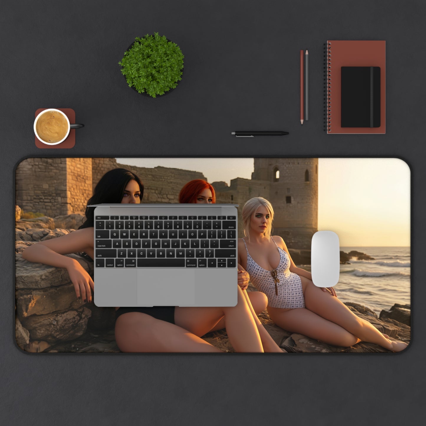 Ciri Triss Yennefer Desk Mat, Fantasy Gaming Mouse Pad, Witcher World Setup - HD trio desk mat featuring Ciri Triss and Yennefer by the seaside