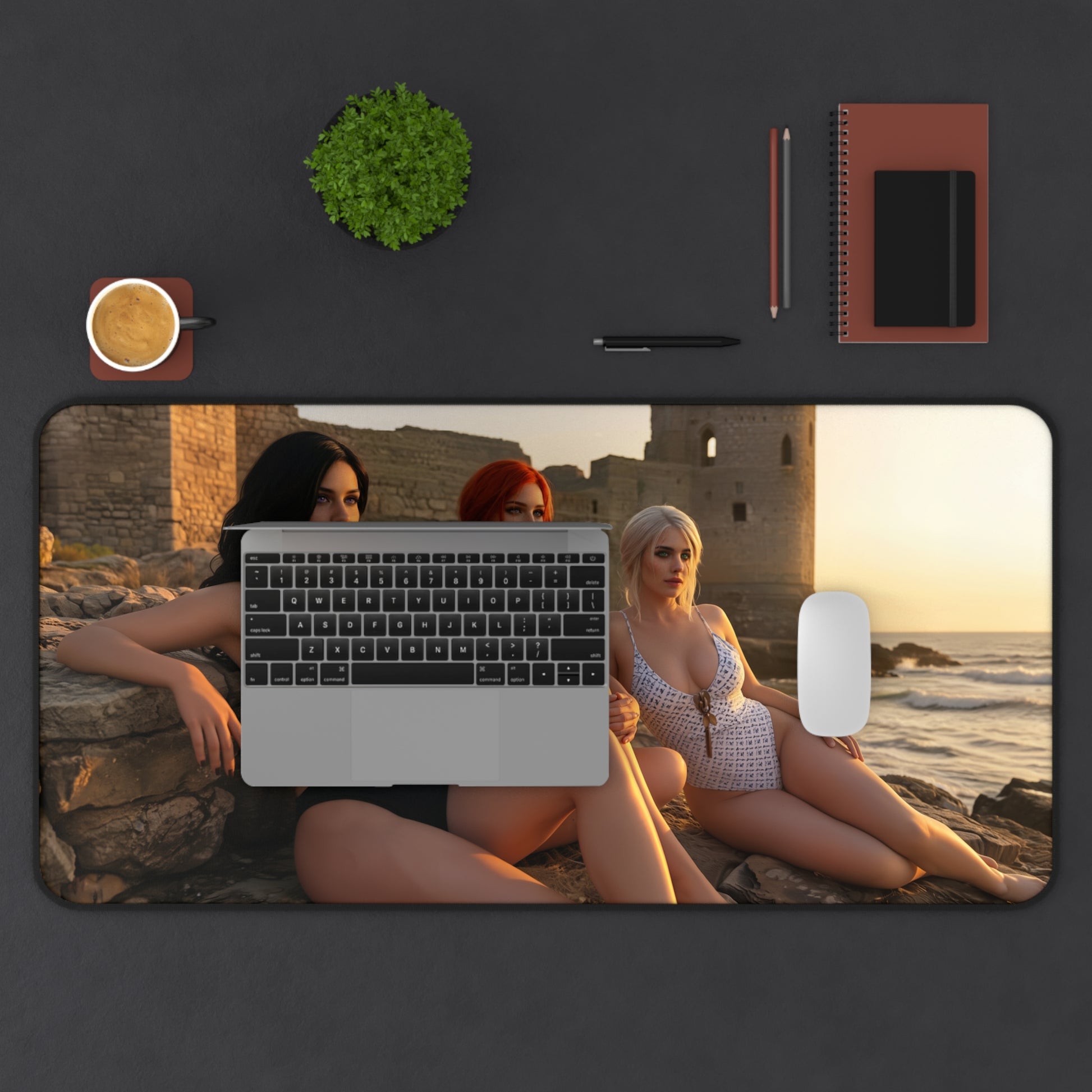 Ciri Triss Yennefer Desk Mat, Fantasy Gaming Mouse Pad, Witcher World Setup - HD trio desk mat featuring Ciri Triss and Yennefer by the seaside