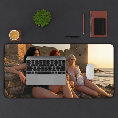 Ciri Triss Yennefer Desk Mat, Fantasy Gaming Mouse Pad, Witcher World Setup - HD trio desk mat featuring Ciri Triss and Yennefer by the seaside