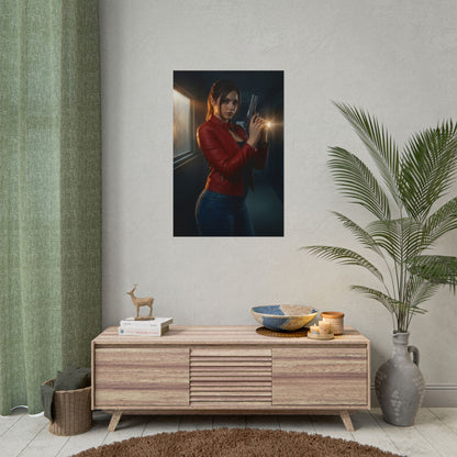 Claire Redfield Poster, Resident Evil Art Print – Iconic Survival Heroine hung above modern gamer room console, dramatic lighting and detailed character art