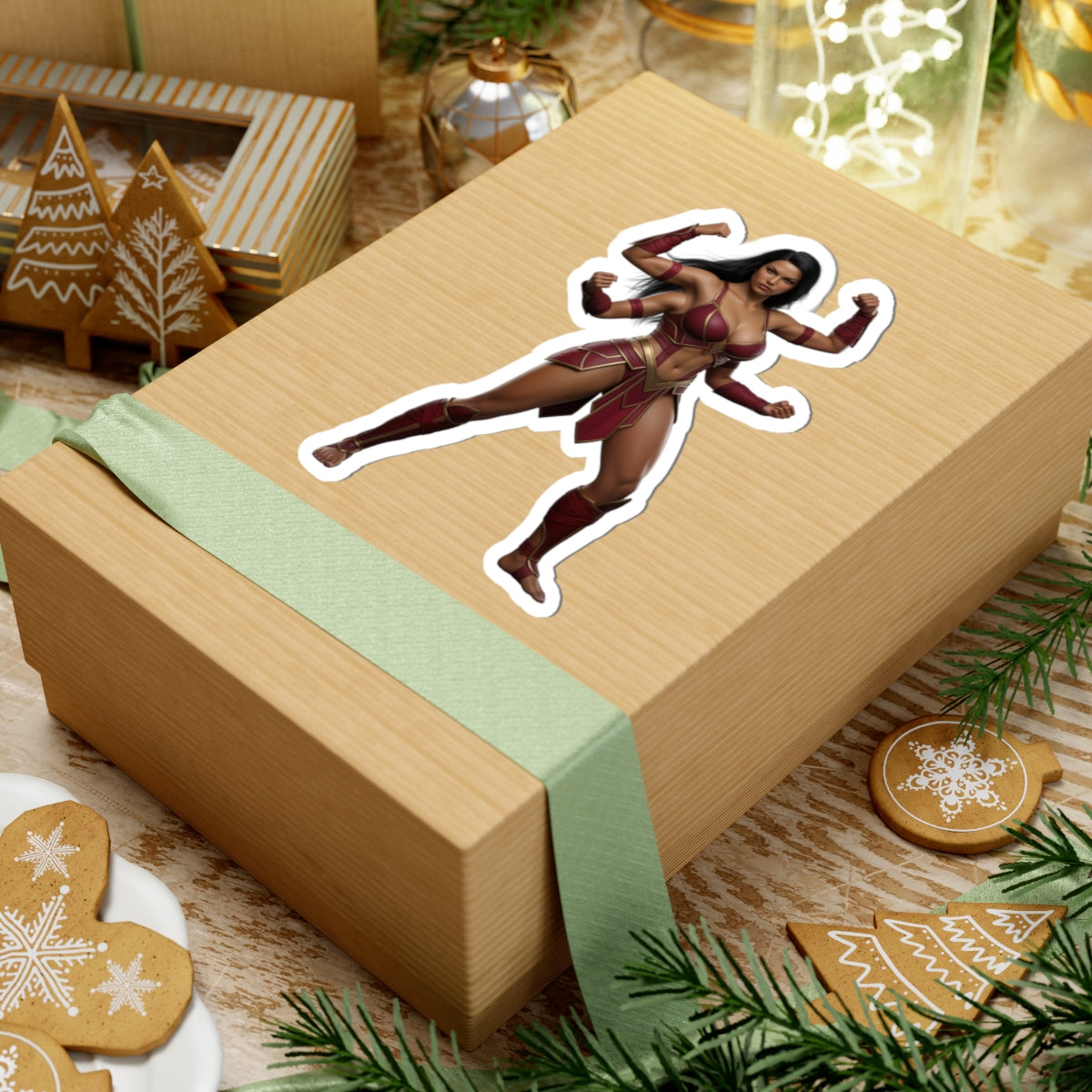 Sheeva Sticker – Mortal Kombat Vinyl Sticker for Laptops & Indoor Decor on a wrapped gift box, glossy durable vinyl decal featuring powerful character artwork