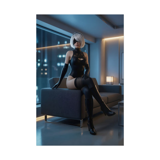 2B Poster, NieR:Automata Art Print – Iconic Android Heroine featuring 2B seated in sleek black outfit for gamer room decor