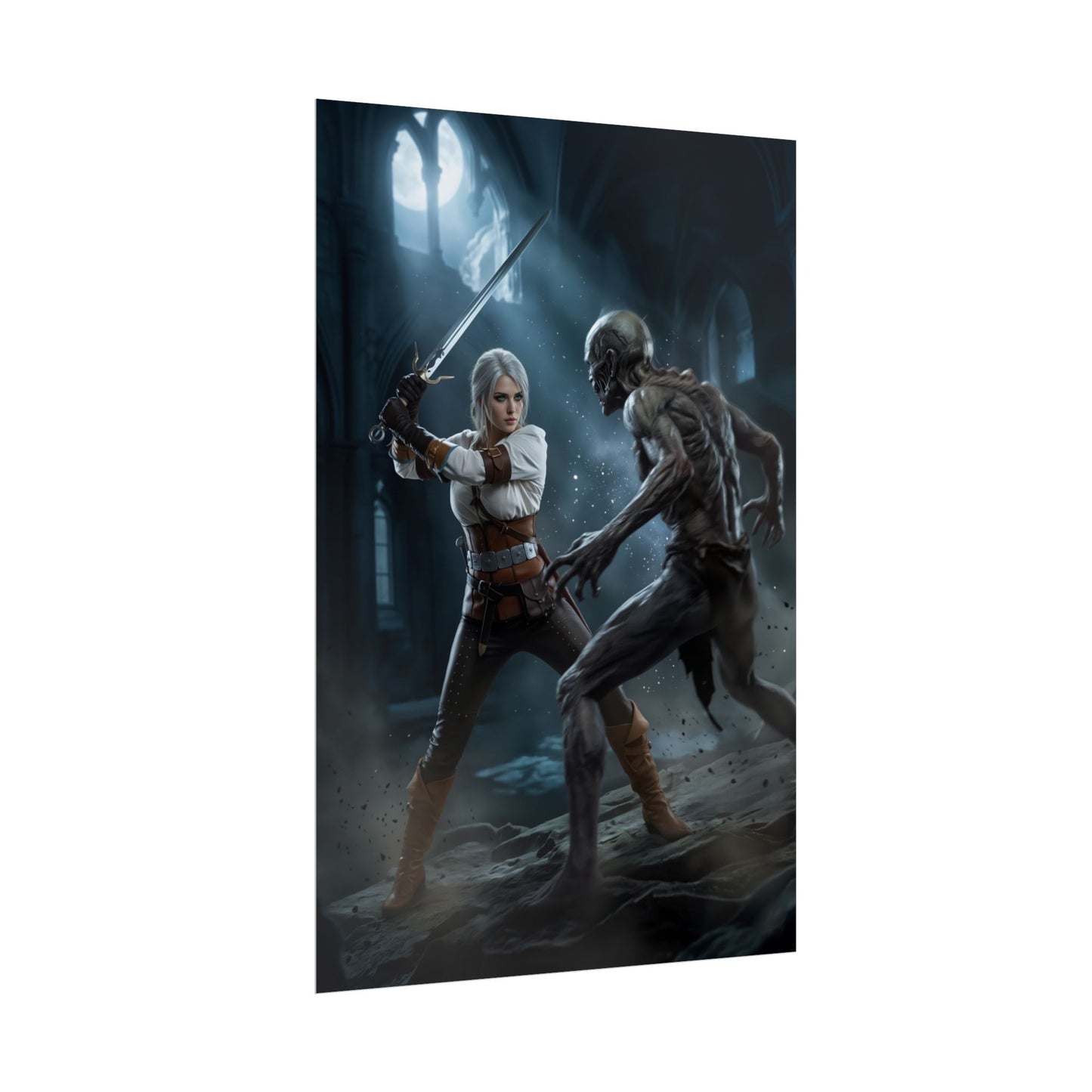 Ciri Poster, The Witcher Art Print, Iconic Warrior Character Wall Decor - dynamic Ciri fighting a monster in moody RPG gaming room art