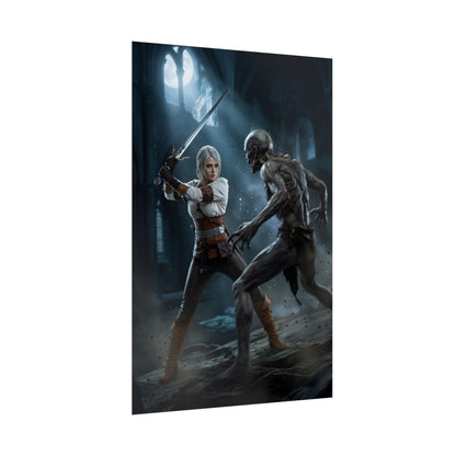Ciri Poster, The Witcher Art Print, Iconic Warrior Character Wall Decor - dynamic Ciri fighting a monster in moody RPG gaming room art
