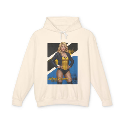 Black Canary Hoodie | DC Comics Hoodie | Anime Superheroine Pullover - cream pullover with anime-style Black Canary graphic and leather jacket design