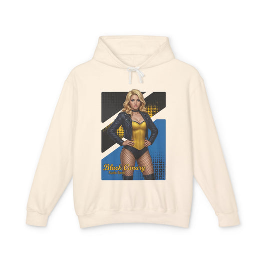 Black Canary Hoodie | DC Comics Hoodie | Anime Superheroine Pullover - cream pullover with anime-style Black Canary graphic and leather jacket design