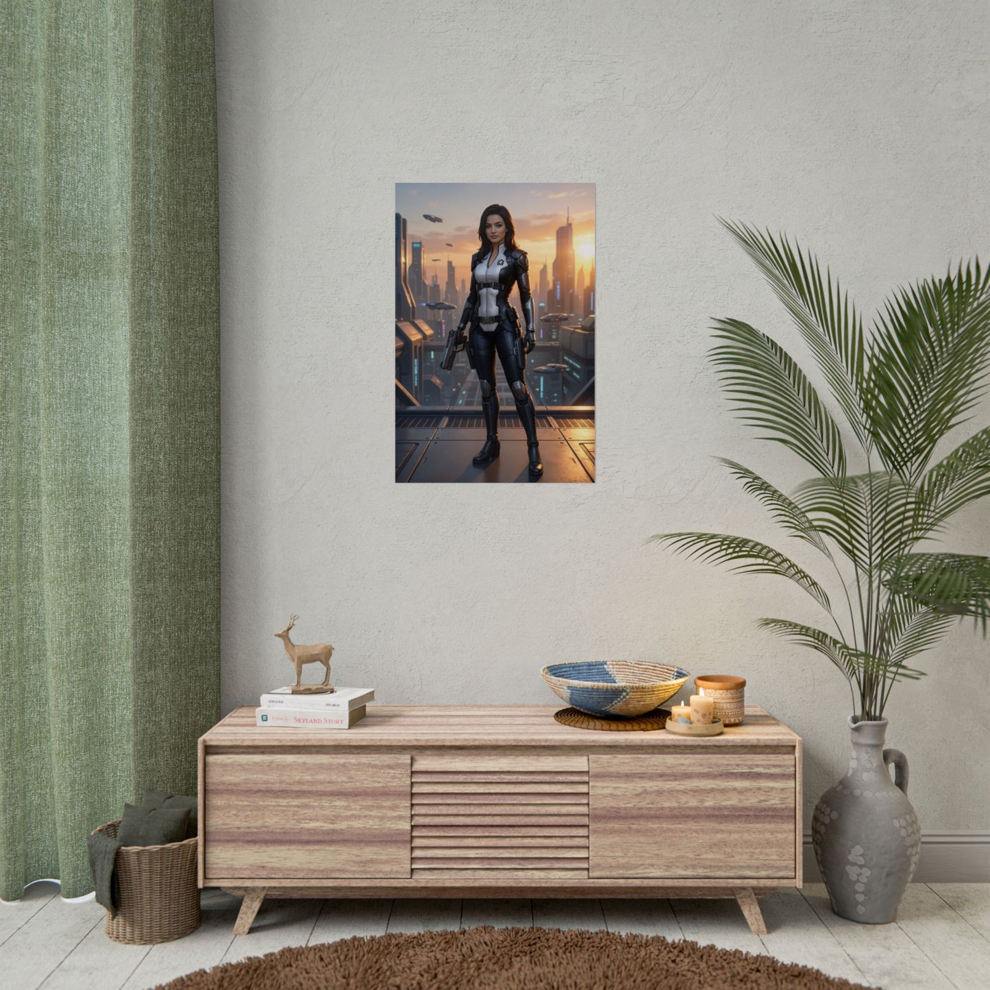 Miranda Lawson Poster, Mass Effect Art Print, Iconic Sci-Fi Character on modern interior wall above sideboard