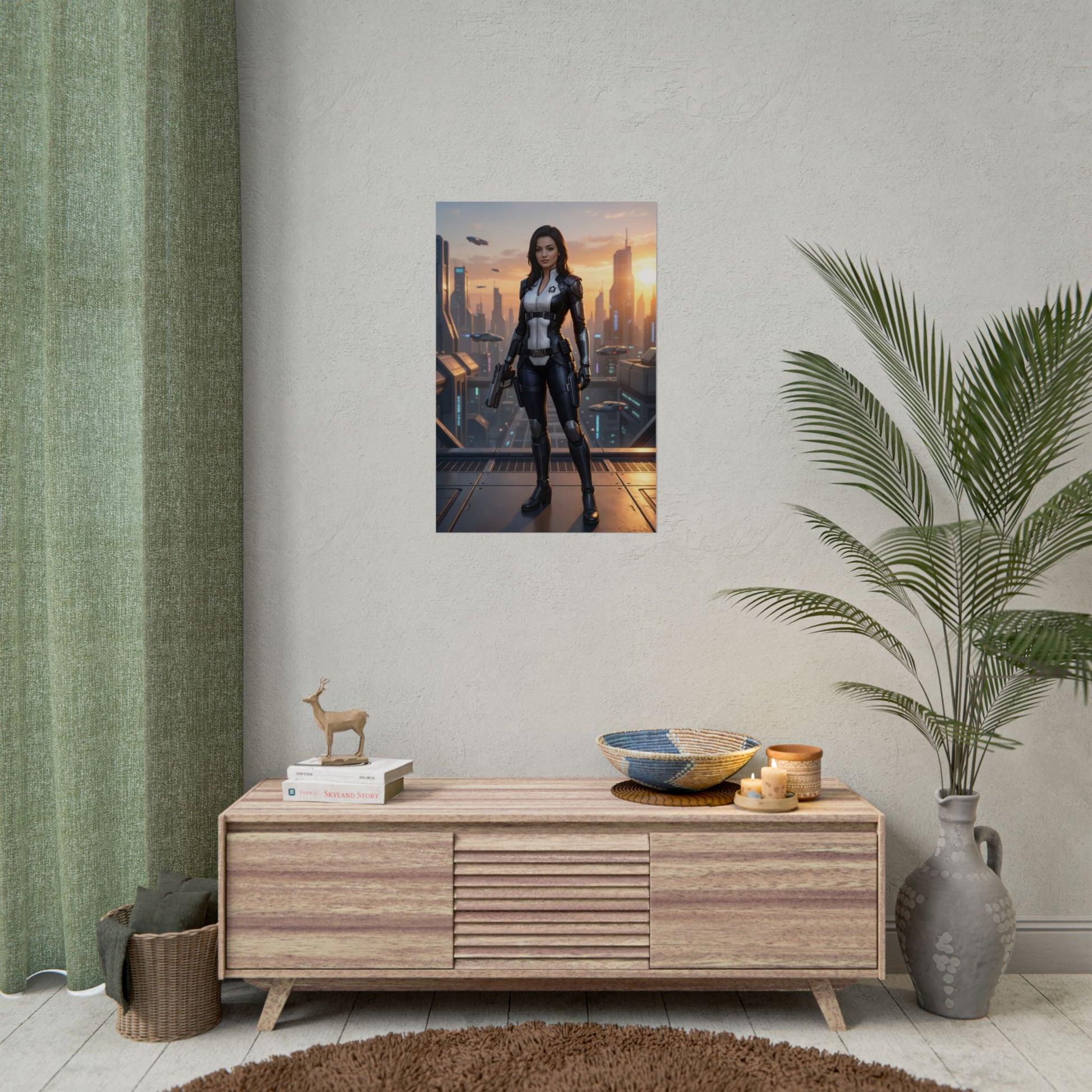 Miranda Lawson Poster, Mass Effect Art Print, Iconic Sci-Fi Character on modern interior wall above sideboard