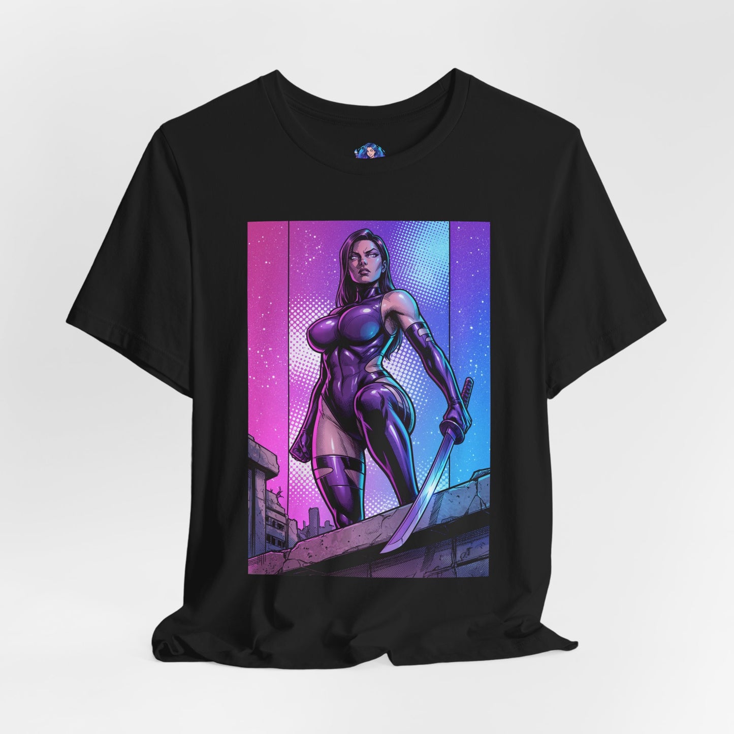 Psylocke T-Shirt | X-Men Anime Style Comic Tee featuring Psylocke in sleek bodysuit with blade against vibrant split-color backdrop