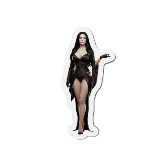 Morticia Addams Magnet – Gothic Icon Fridge Magnet, Anime Style Decor die-cut vinyl magnet showing anime-style Morticia Addams in gothic black dress
