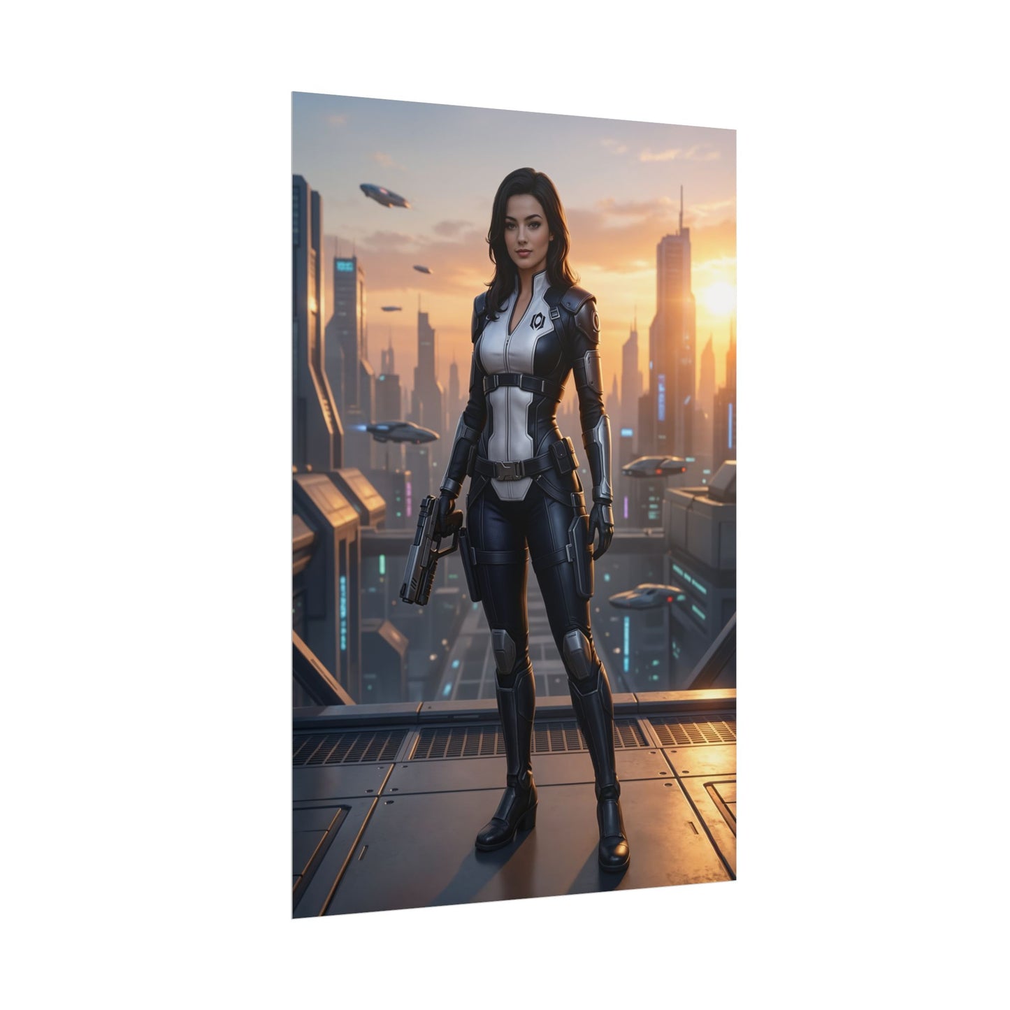 Miranda Lawson Poster, Mass Effect Art Print, Iconic Sci-Fi Character - dramatic cityscape print of Cerberus operative in tactical suit for gaming room décor
