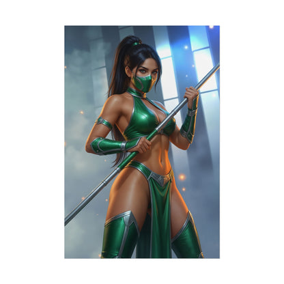 Jade Mortal Kombat Poster – Iconic Fighting Game Heroine Wall Art, high-res heroine portrait in green costume with staff