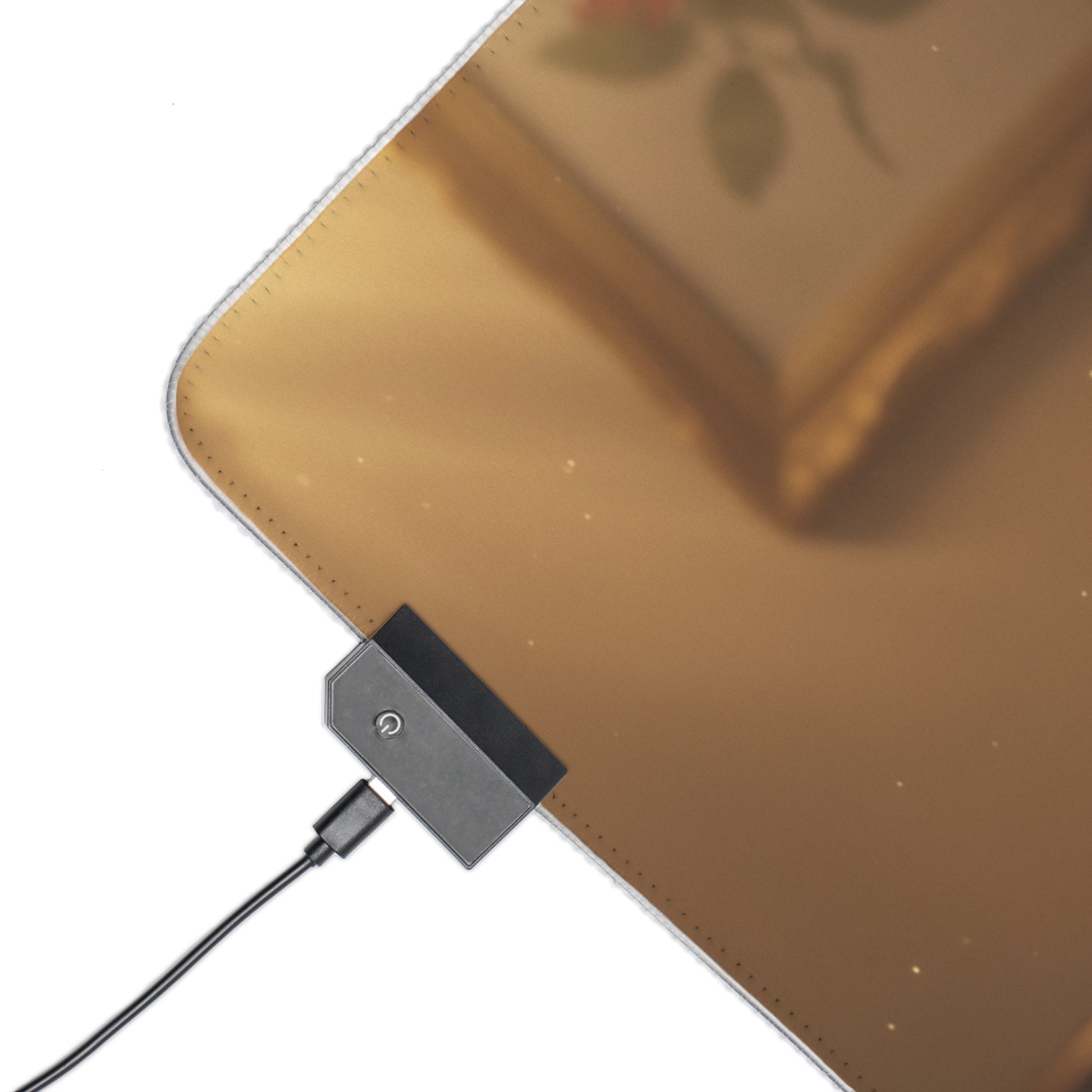 Yor Forger Desk Mat – LED RGB Pad, Waifu Anime Girl Gaming Setup close-up of gold surface with LED controller and USB cable