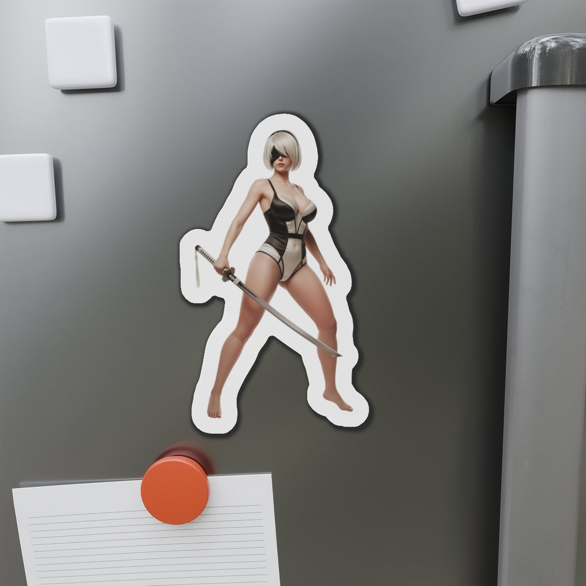 2B Magnet – NieR Automata Anime Heroine Fridge Magnet, Game Decor premium die-cut vinyl magnet of 2B on fridge